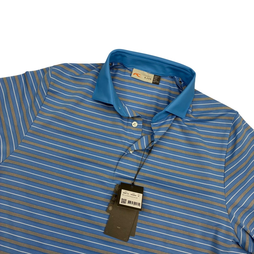 KJUS Luis Multi Stripe Polo Men 52 Large Blue Grey Golf Performance Shirt NEW